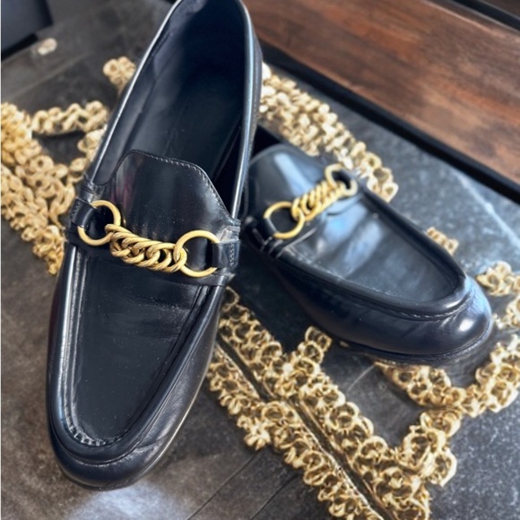 Burberry Black and Gold Slip-On Loafers with Chain Detail